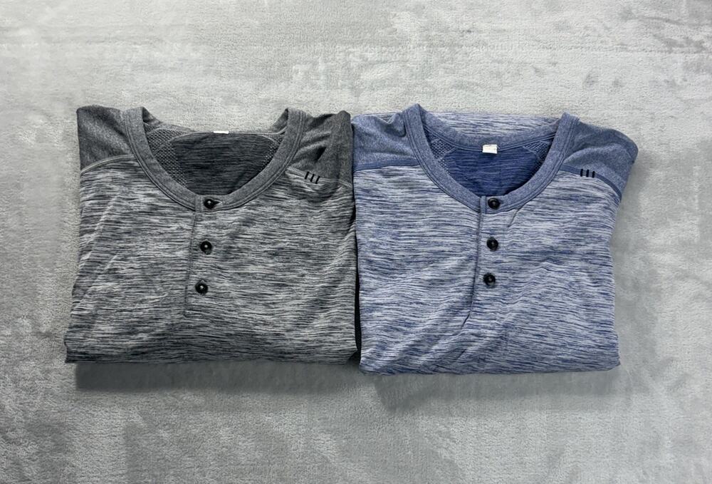 2 - Lululemon Metal Vent Tech Henley Long Sleeve Shirt Blue & Gray Heather XXL